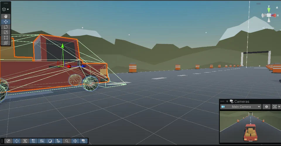 Éditeur Unity ouvert sur un projet de véhicule, avec les gizmos de transformation visibles