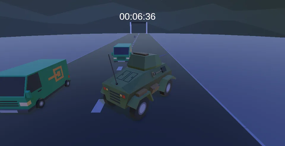 Jeu de course jouable avec véhicule blindé, camion adverse et chronomètre à l'écran